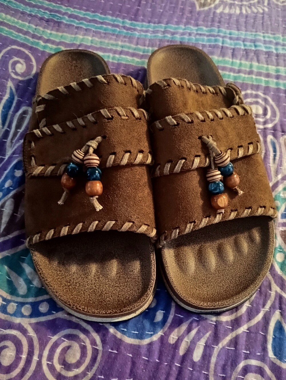 Brown Slide Sandals with Bead Accent